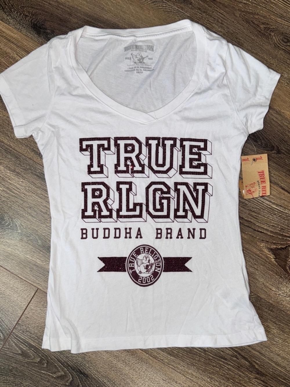 True Religion White V-Neck Tee Sparkly Text